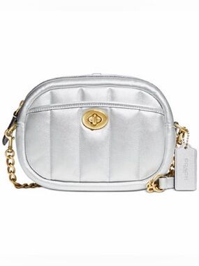 Coach Small Metallic Leather Camera Bag Crossbody Silver